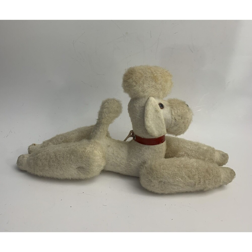 Vintage White Jointed Poodle Dog Plush Red Collar Animal Made in Japan 1966